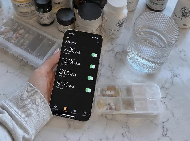 A cluttered medicine shelf and a bulky pill box