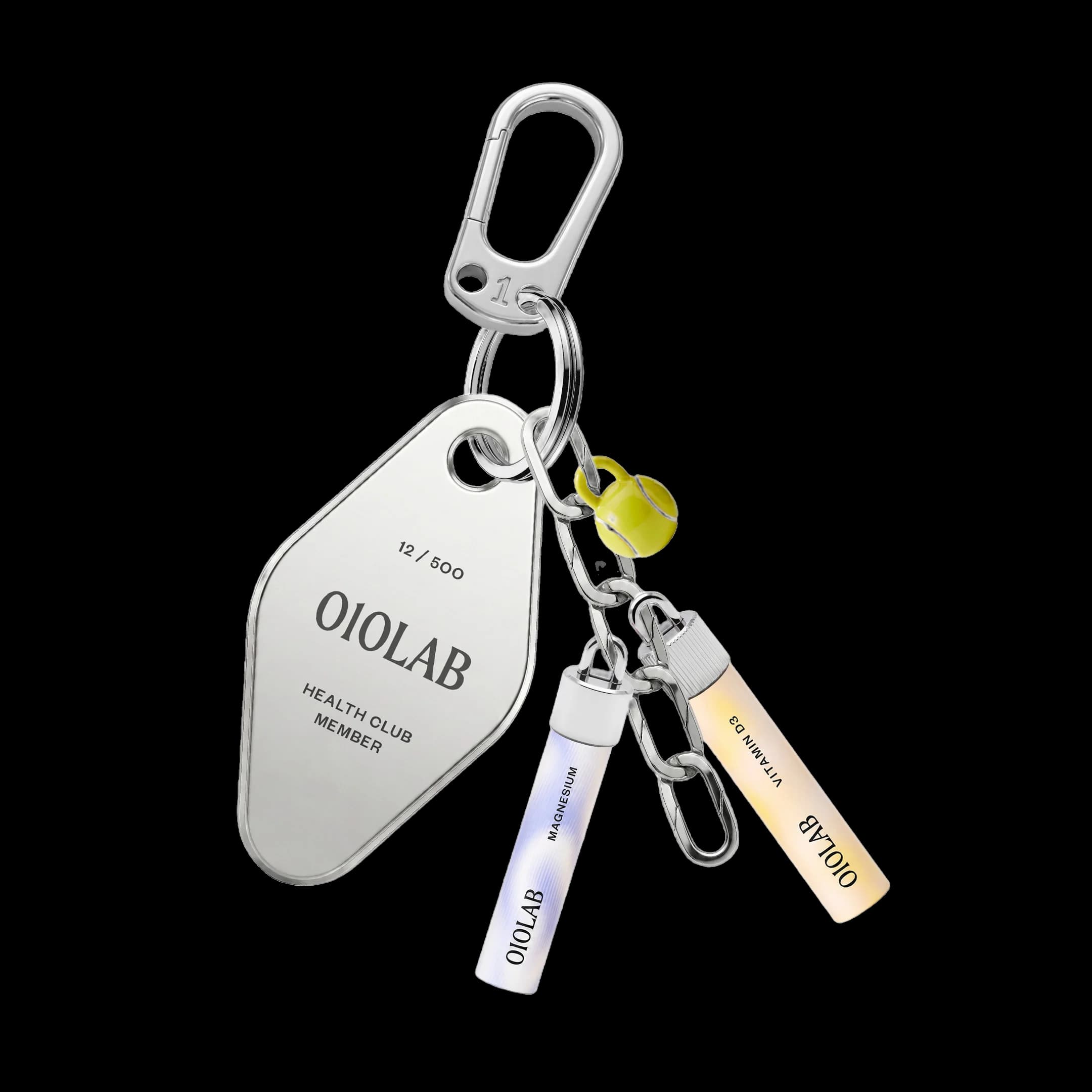 010LAB signature keychain tag with carabiner, charms and two cartridges